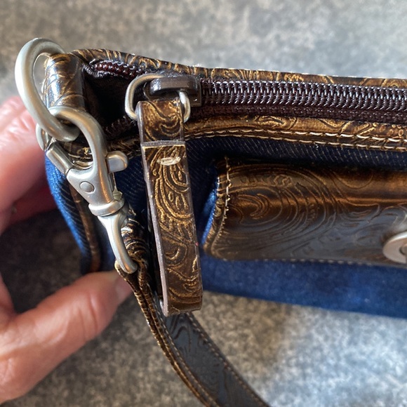 Nine West - Blue Denim and Brown Faux Leather Shoulder Bag - Picture 6 of 9